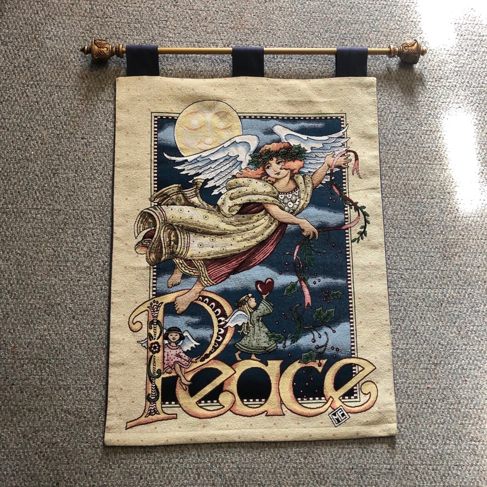 Peace angel ornate tapestry with gold rod EUC